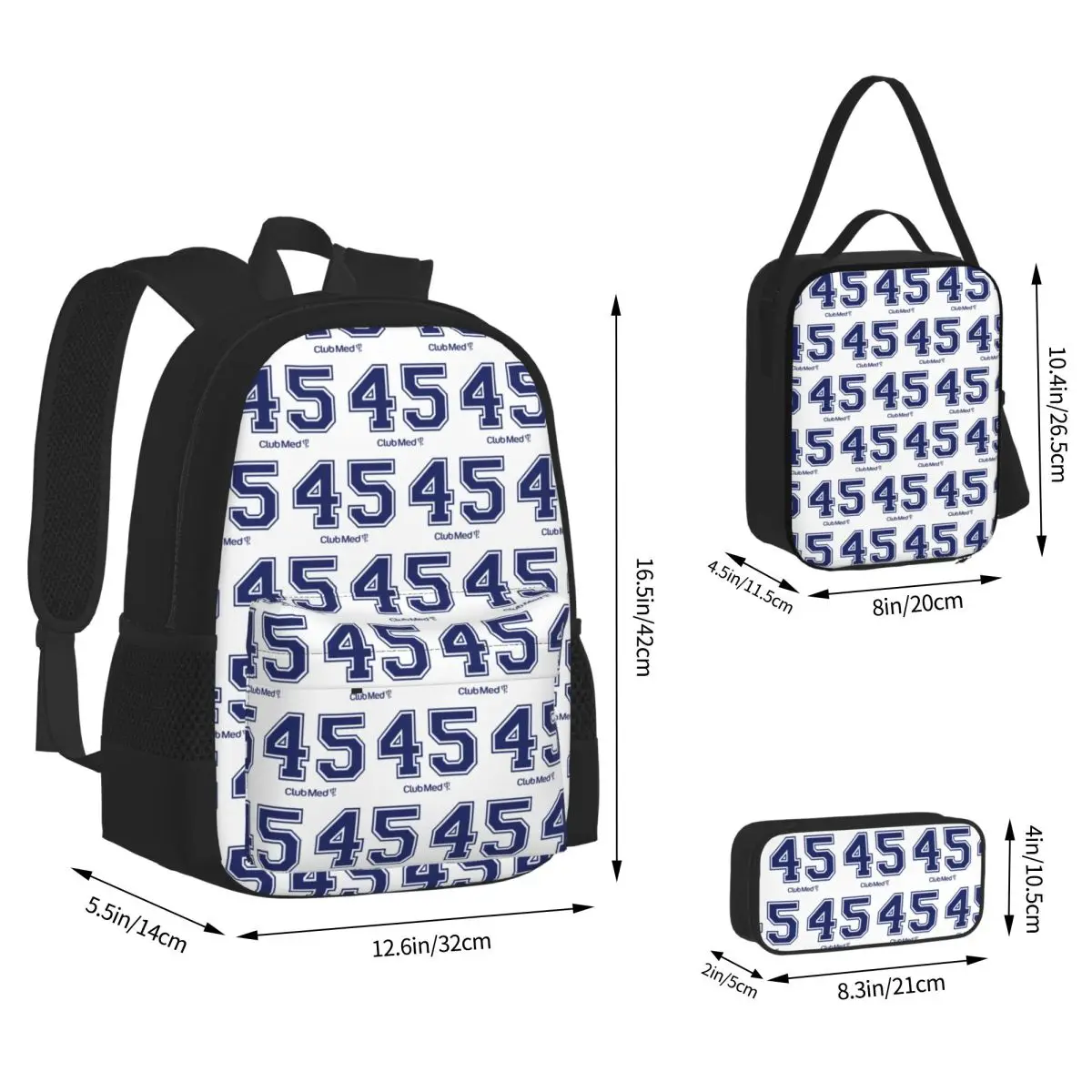 Number 45 Club Med Backpacks Students Bookbag School Bags Kids Rucksack Lunch Bag Pen Bag Three-Piece Set