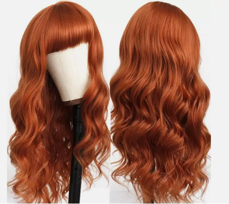 Copper Red Long Wavy No Lace Wigs With Bangs Soft Heat Resistant Natural