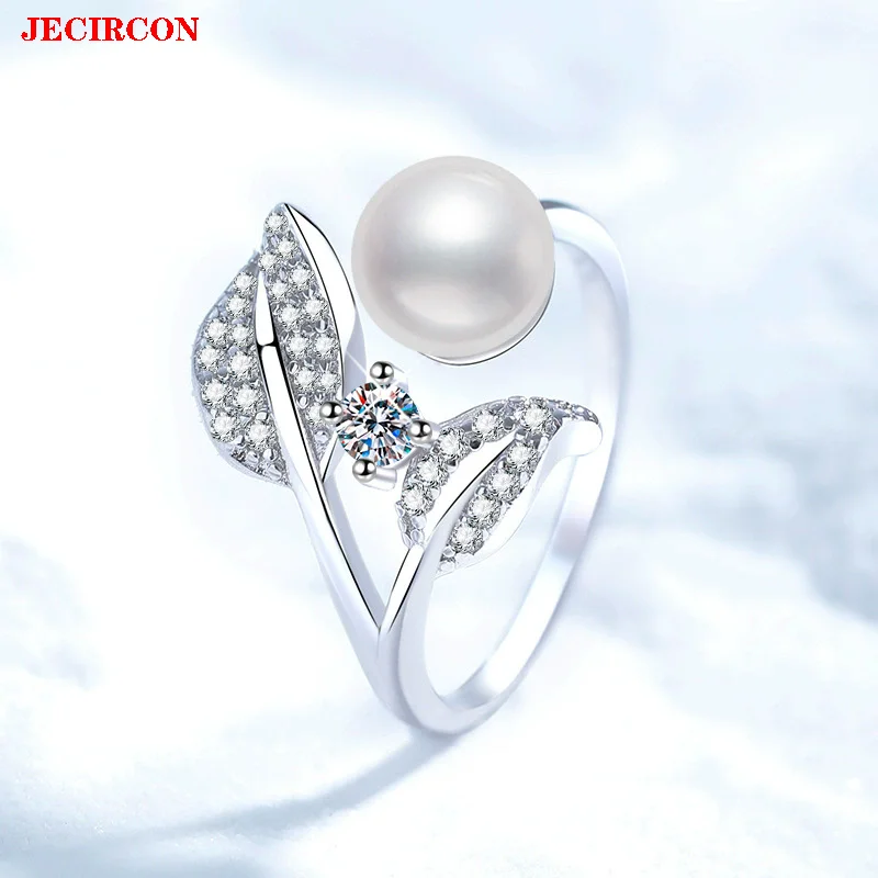 

JECIRCON 925 Sterling Silver Moissanite Freshwater Pearl Ring Luxury Leaf Open Adjustable Band for Daily Commute Fashion Jewelry