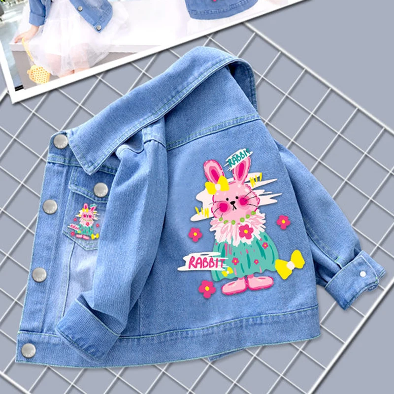 2024 Autumn and Winter New Boys and Girls 100% Cotton Rabbit Cat Dog Cartoon Print Fashion Polo Collar Long sleeved Denim Coat