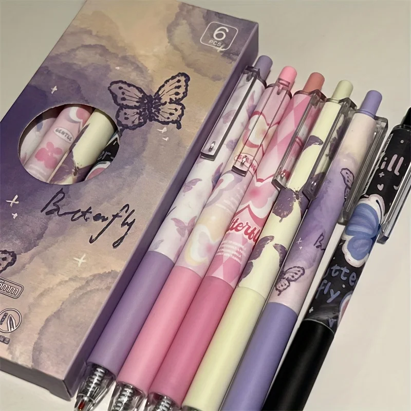 6pcs Cute Butterfly Gel Pens Aesthetic Stationary Pens ，Kawaii pen stationery，0.5 Mm Quick-drying Black Ink Pens Fine Point