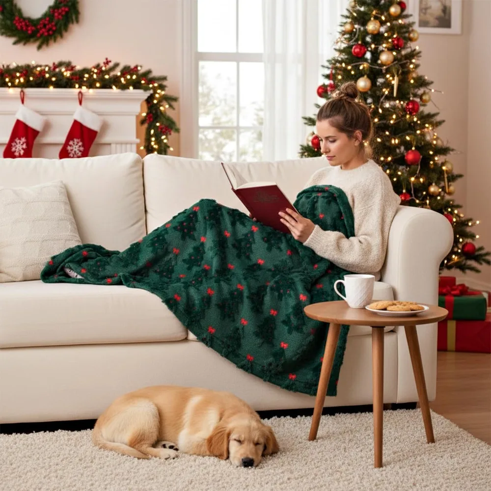 Velvet Christmas Day Blanket, Green Christmas Tree Fluff, Faux Fur Grass Blanket Christmas Tree Blankets