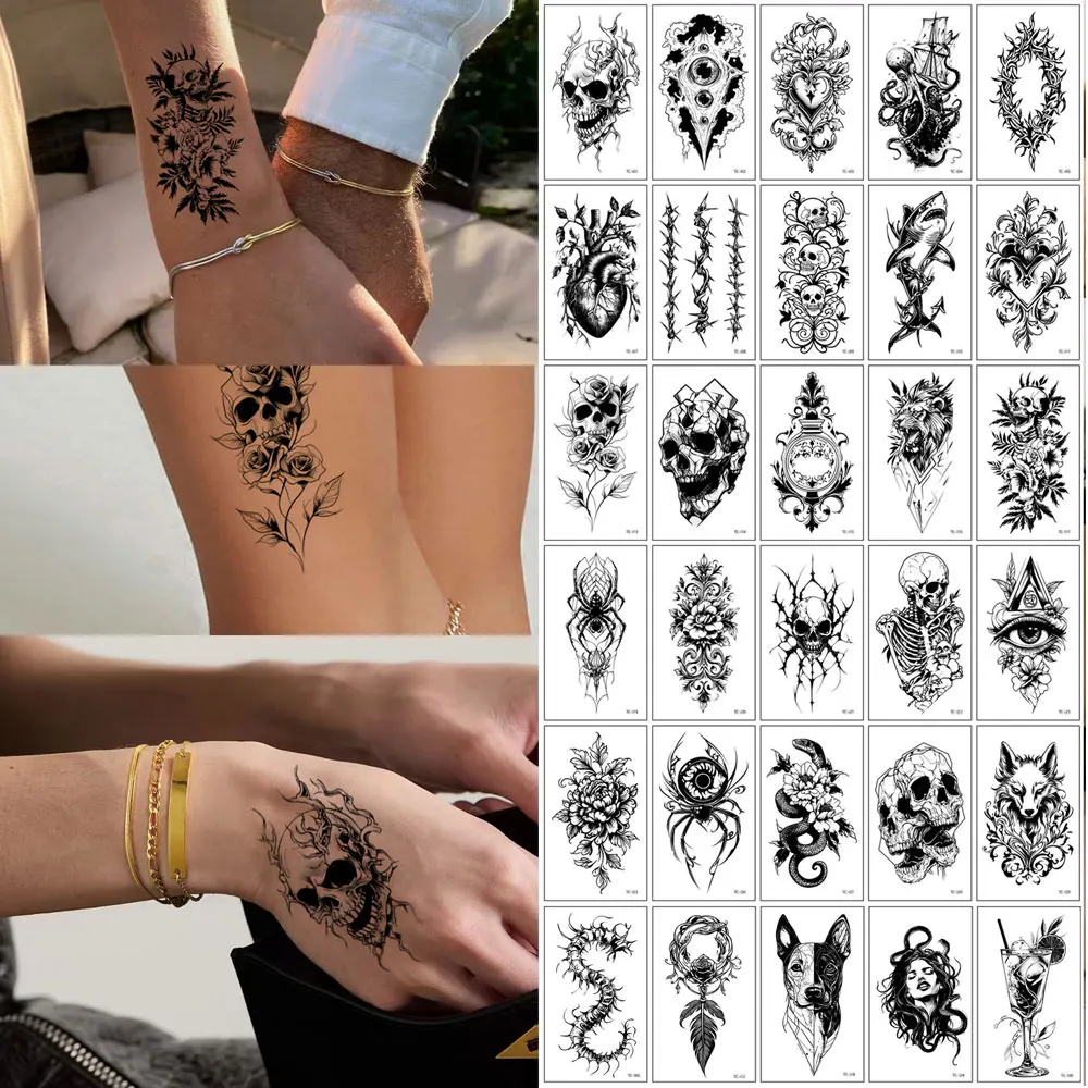 30 Stück Halloween-Muster-Tattoo-Aufkleber, Totenkopf-Auge, Spinne, Schlange, Rose, wasserdicht, geeignet für Männer und Frauen, Hände, Knöchel, Körperkunst
