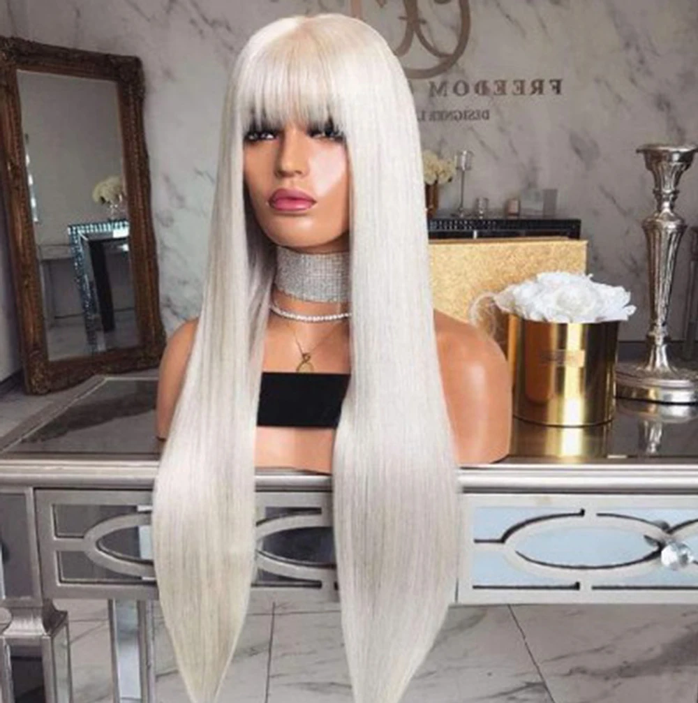 Synthetic Hair Wig with Bangs Platinum Lace Front Long Wig Blonde Silk Straight Heat Resistant Cosplay Makeup Wigs