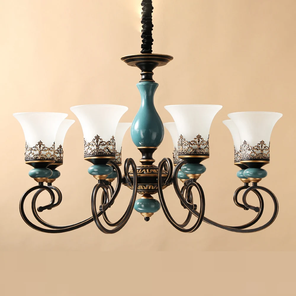 Vintage Living Room Chain Chandeliers White Frosted Glass Cups Ceramic European Hanging Ceiling Pendant Light
