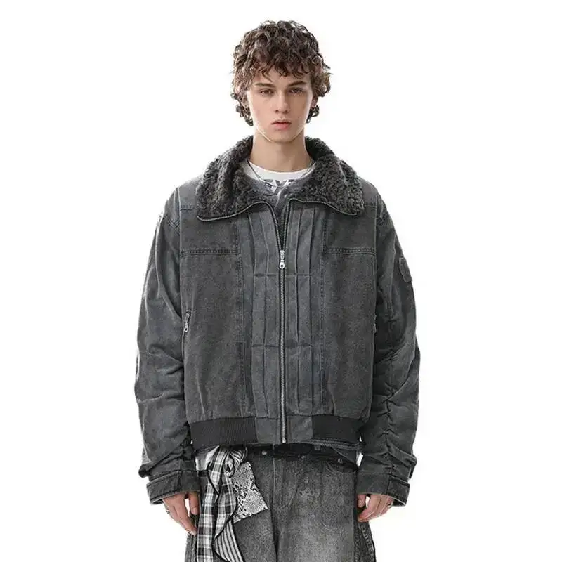 Men's Fleece-lined Coat 2025 Winter New Trendy American Style Washed Vintage Stand Collar Long Sleeve Padded Jacket ASE4