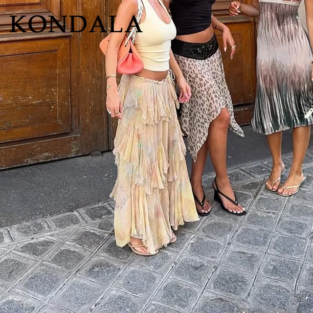 KONDALA 2026 Spring Summer Casual Women Print Skirts Fashion Elegant Tierred A Line Beach Style Chic Ladies Long Skirts 4 Kondala Spring Summer Casual Women Print Skirts Fashion Elegant Tierred A Line Beach – view 4