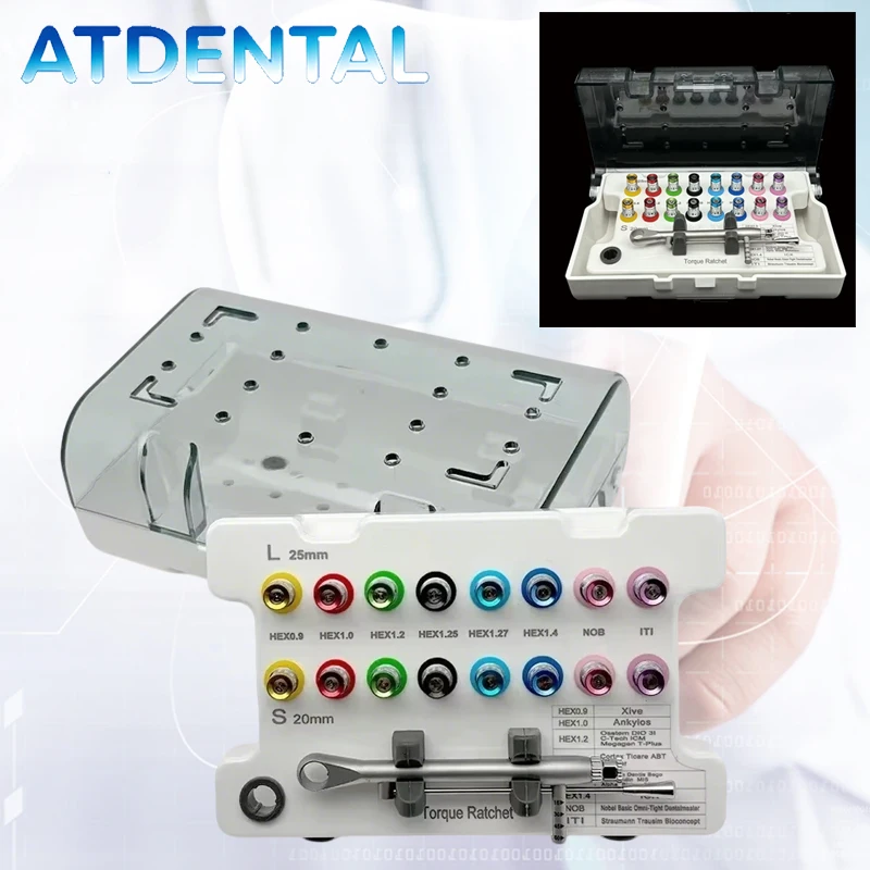 

Набор стоматологических динамометрических ключей: автоклавируемый комплект с трещоткой и отвертками для имплантации и протезирования