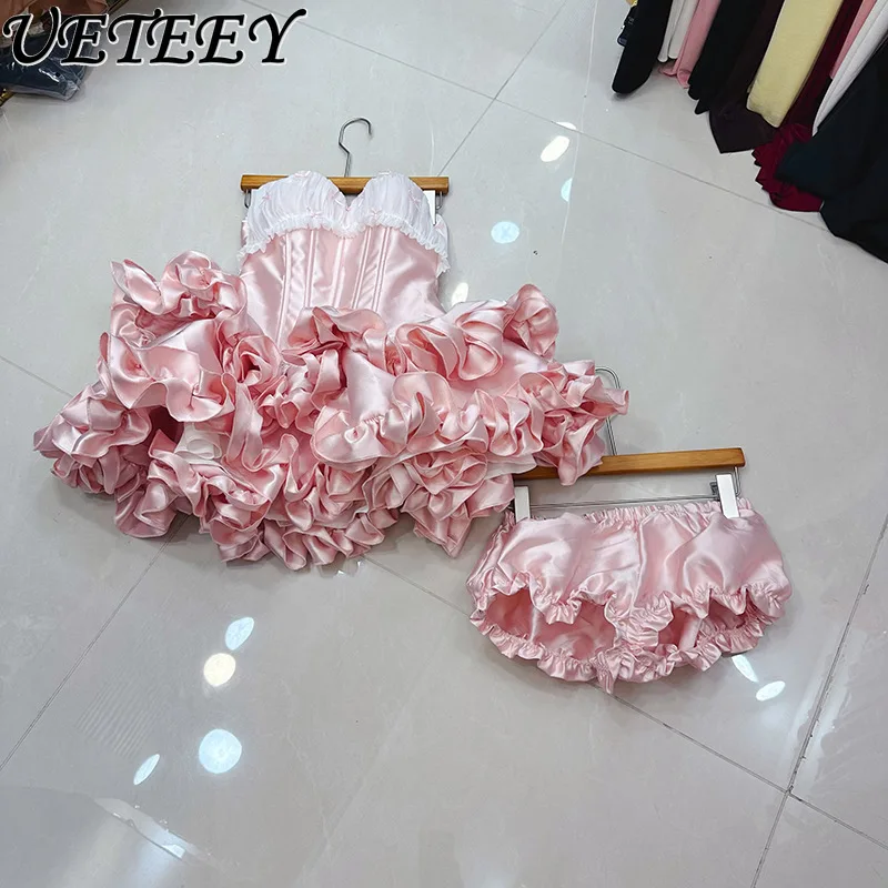 Europeu e americano design francês bowknot ruched retalhos espinha de peixe sem alças mini vestido babados bainha vestidos curtos e shorts