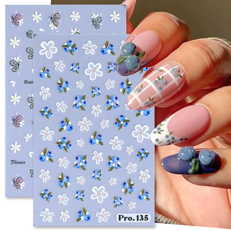 여름 테마 네일 스티커 블루베리 나비 데이지 꽃 접착 슬라이더 귀여운 포일 매니큐어 장식