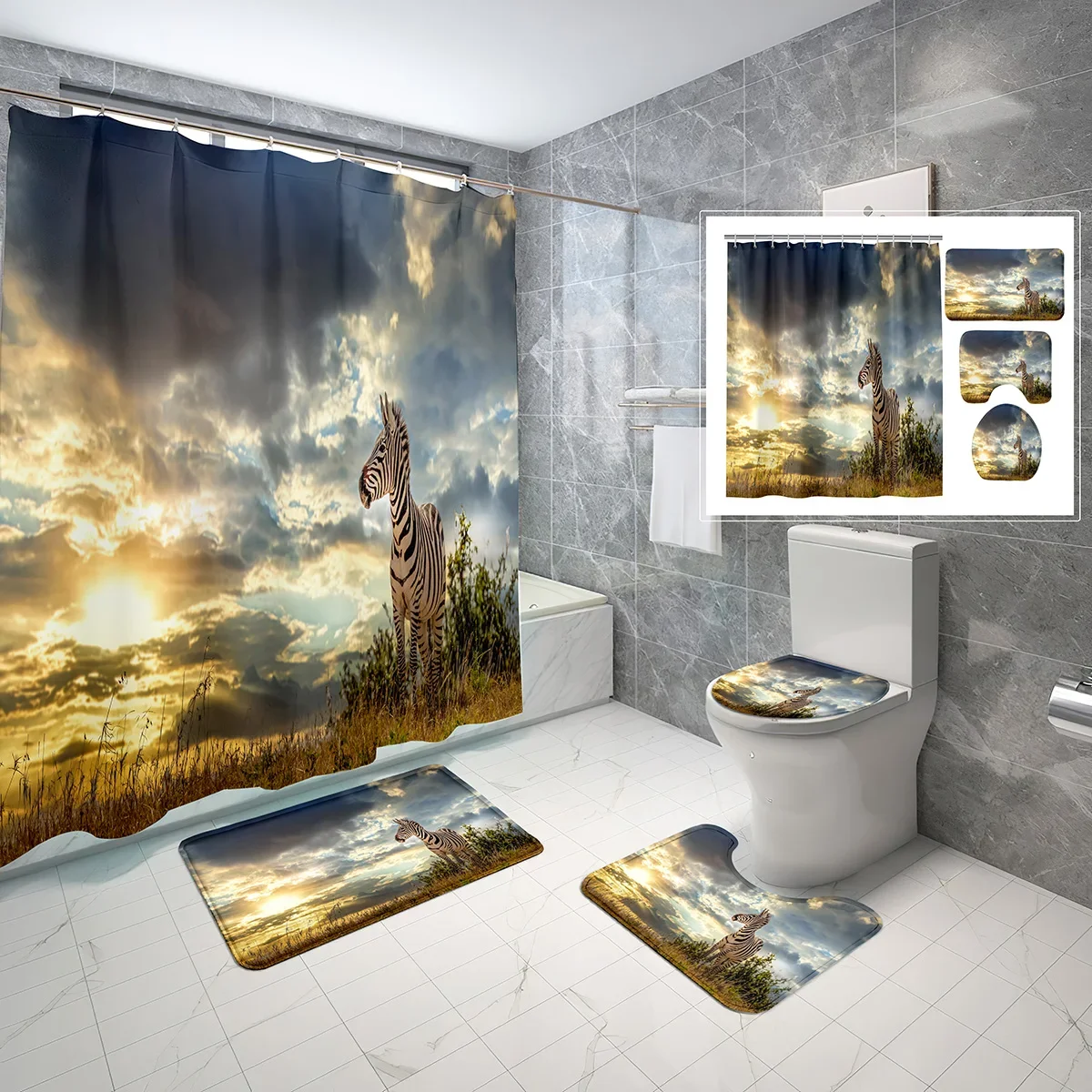 

Zebra Shower Curtain Set Prairie Sky Clouds 4 Pcs Shower Curtain Bathroom Non-Slip Bath Mat Toilet Cover Shower Curtain Set