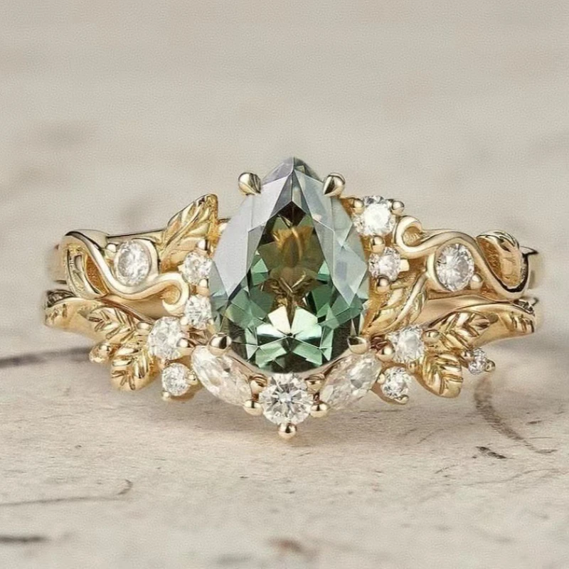 

European and American new fashion flower shape green zircon inlaid luxury personality versatile women's ring