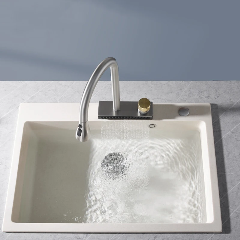 Gun Grey Pull Out Kitchen Sink Faucet Waterfall Water Single Hole Hot&Cold Mixed Basin Faucet Multi-functional Water Sink Tap