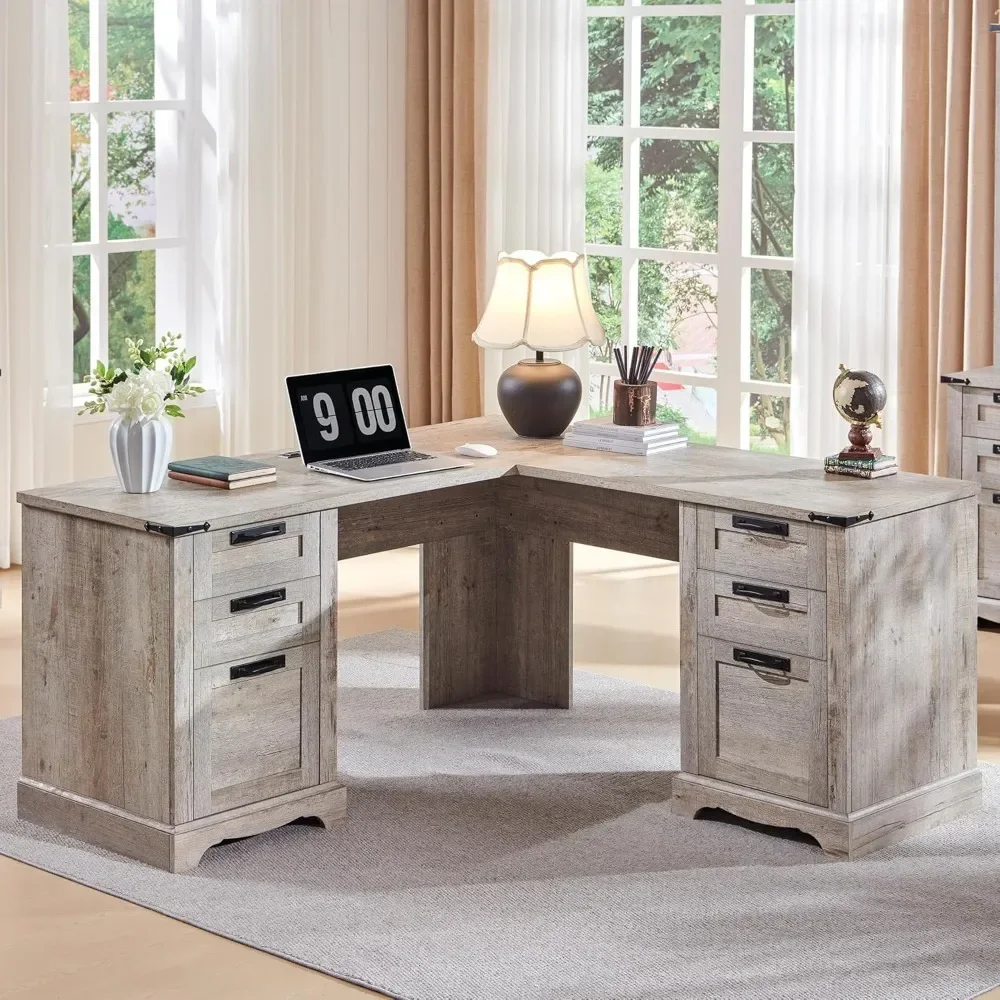 

60" Farmhouse L Shaped Executive Desk with Drawers, Wood Home Office Corner Desk with Charging Station, File Drawer Furniture