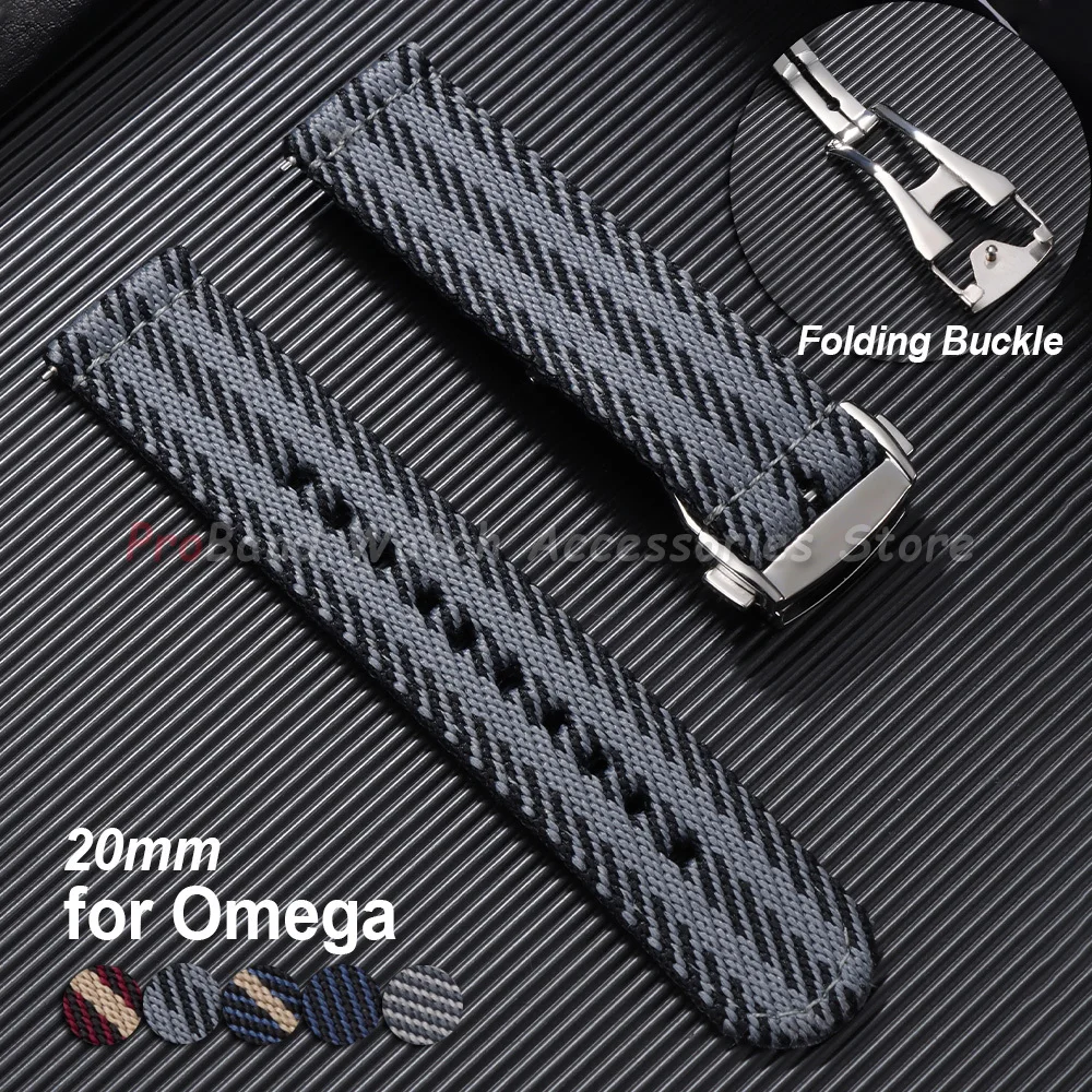 Replacement Bracelet Premium Sailcloth Watch Strap 20mm Canvas Nylon Watch Band for Omega Quick Release Folding Buckle Wristbelt