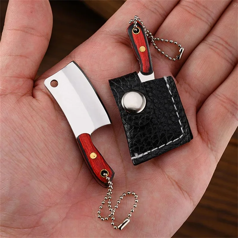 Portable Mini Keychain Kitchen Knives Pendant With Leather Case Wood Handle Stainless Steel Key Chains Outdoor Cutting Tools