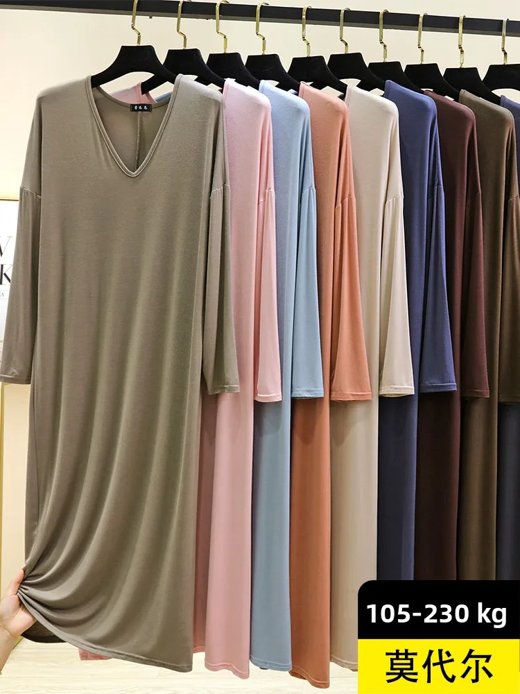 

Loose Fit Long Sve Modal Sp Dr Women's Autumn Home Leisure Thin Dr Midi Length round Ne Single Button Closure