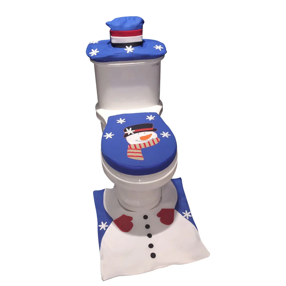 

Christmas Toilet Mat Set Snowman Wearing Hat Pattern Non-Slip Absorbent Bathroom Floor Rug Easy Clean Machine Washable