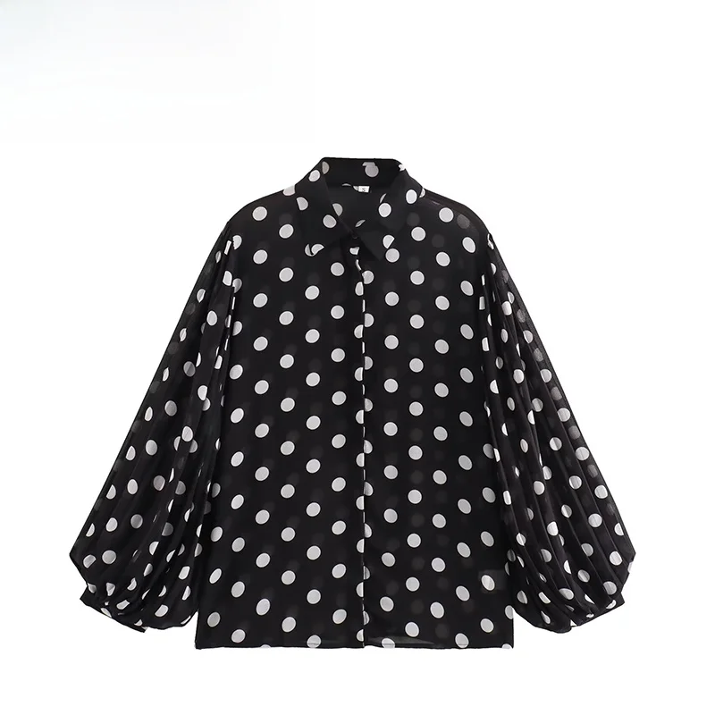 

ZBZA Summer New Women's Casual Polka Dot irt Sve Pred Dots All Match Long Sve Loose Fit Collar Polyester Fiber