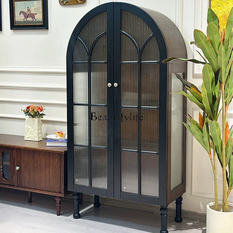 

yj19 French Style Solid Wood Vintage Display Cabinet Arched Red Oak Bookcase Antique Style Natural Wood