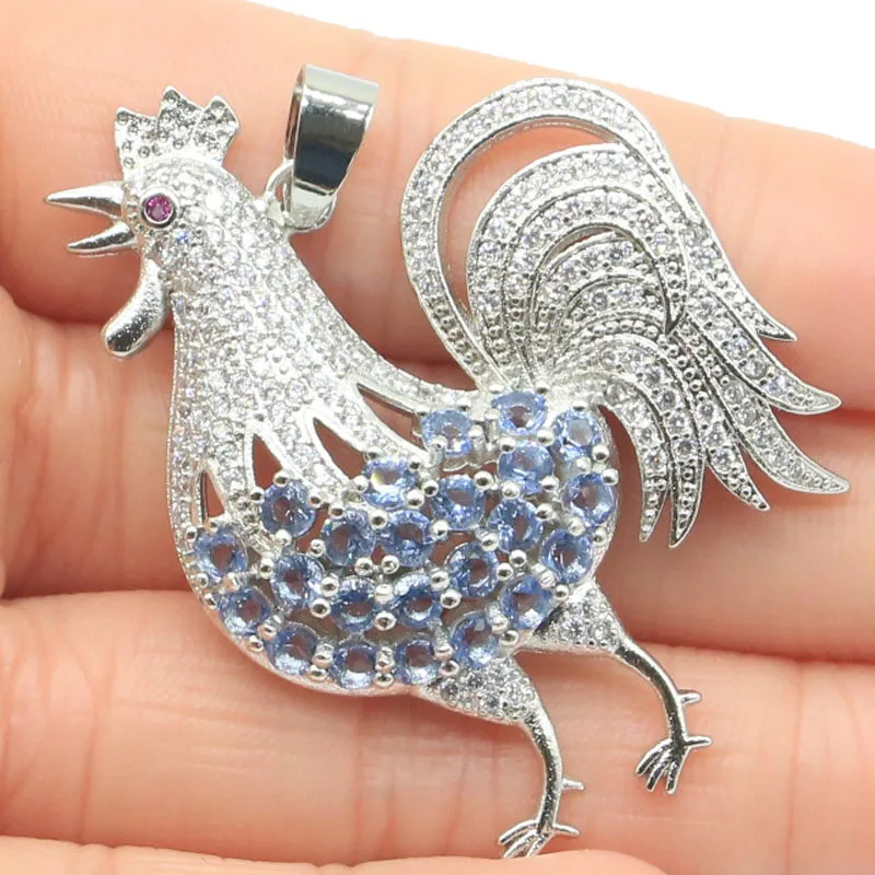 48x36mm Rooster shape Blue Violet Tanzanite Green Peridot CZ Mens Present Silver Pendant