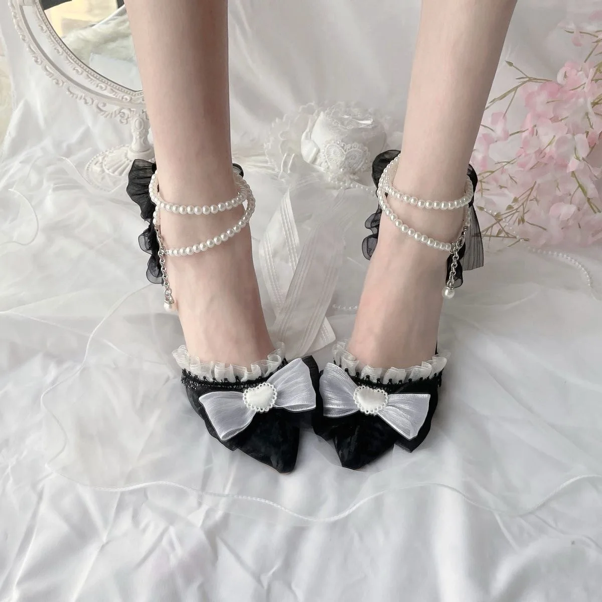 Luxury Shoes Woman Designer Black Heels Y2K Accessories Lolita Heels for Women Heart Bow Lace Women's Summer Footwear Designer