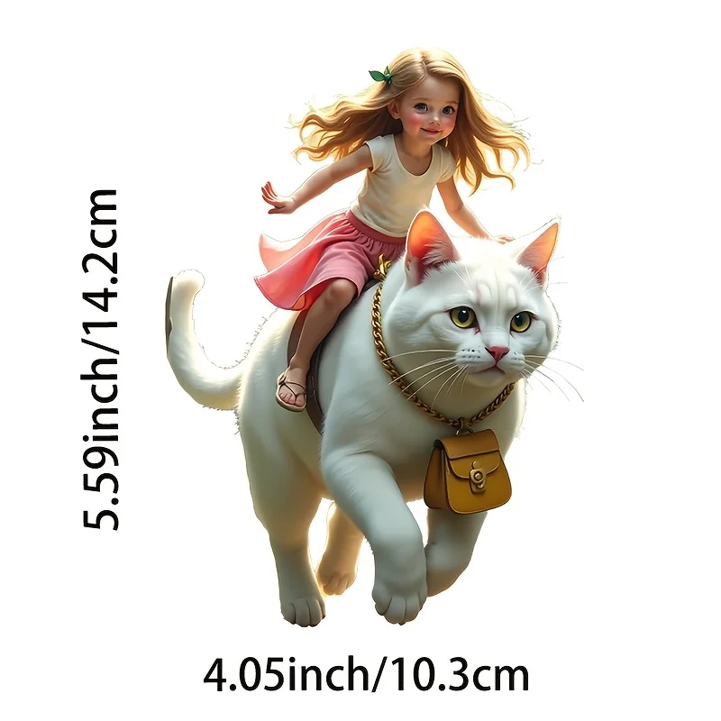 1pc 2D Flat Creative Girl Riding White Cat Vinyl Sticker, Scratch Resistant Decal for Truck Laptop Wall Glass, Holiday Gift