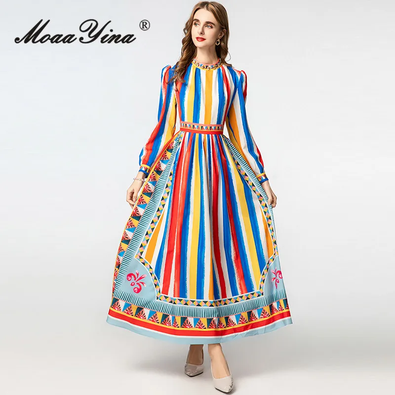 

MoaaYina 2025 Spring And Summer New Casual Striped Round Neck Long Sleeve Romantic Style Dress