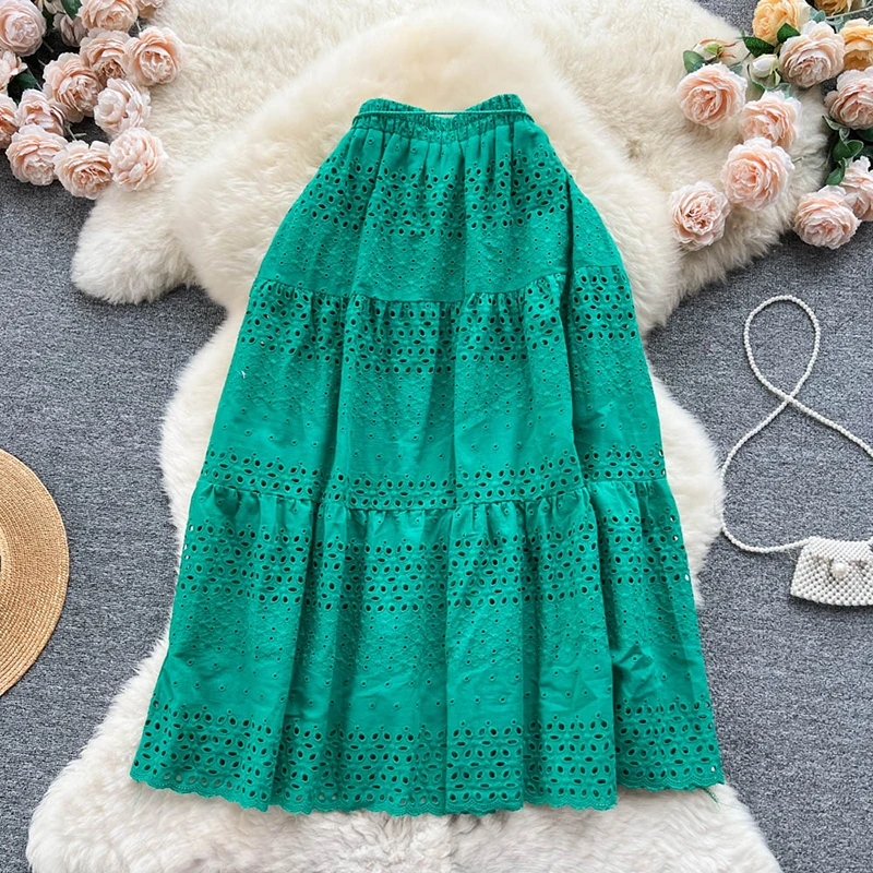 Women's Lace Embroidery Crochet Midi Skirt Hollow Out High Waist A-Line Tie Waist Sweet Boho Vacation Fairy Faldas Female SK138