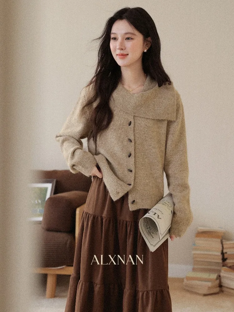 Alxnan camisola feminina marrom chique grande lapela malha pulôver outono inverno solto-ajuste casual manga longa quente senhoras topos l58019