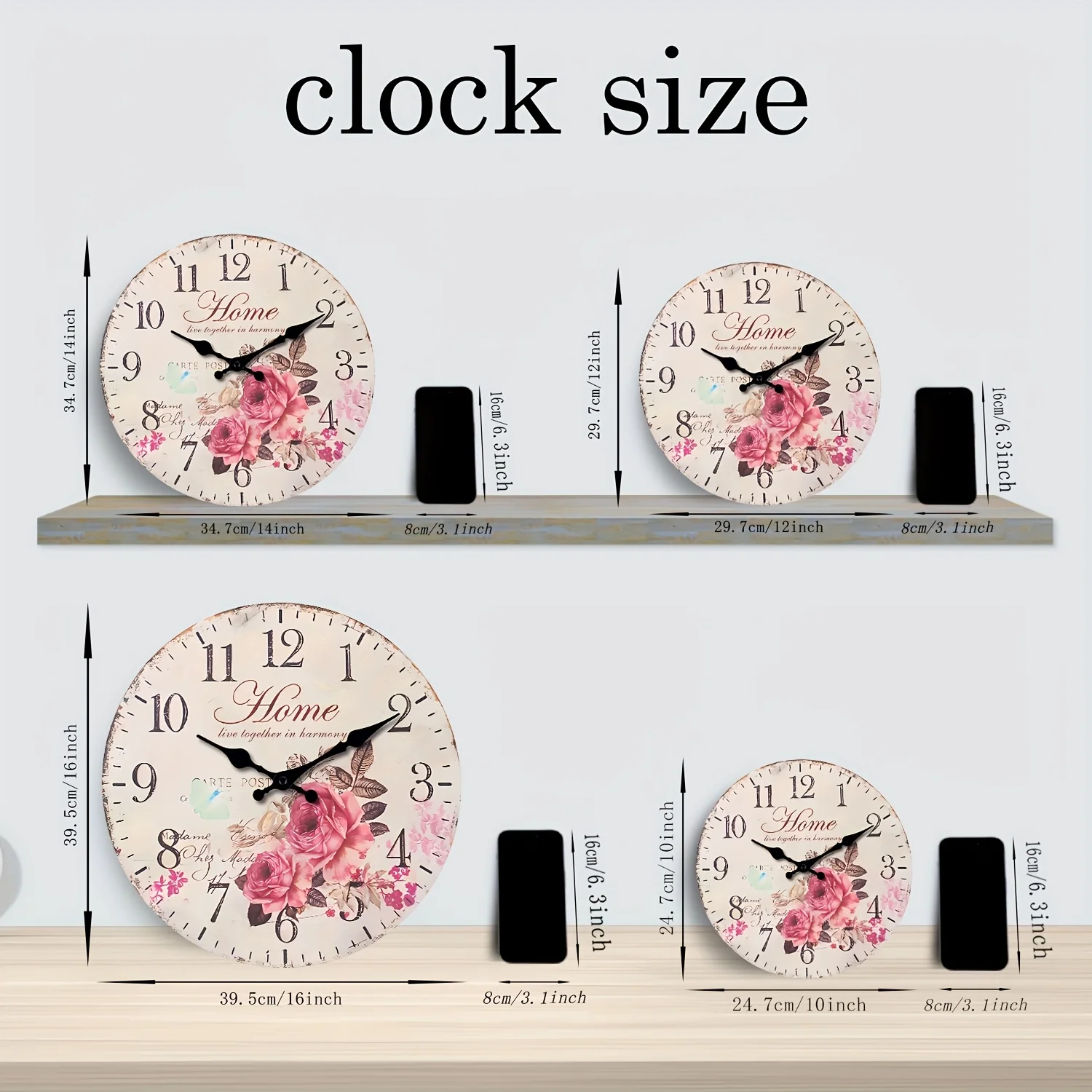 1pc 25.4-35.56 cm Wooden Large Rose Floral Wall Clock - Battery Powered, Silent And Soundproof, Suitable for Living Room, Bedroom, Home, Kitchen, Aesthetic Room Decor Clock, Ideal Holiday Gift (Battery Not Included)