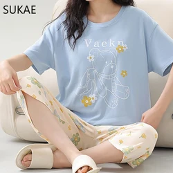 SUKAE Summer Women Sleepwear Lady Pajamas Set Faux Cotton Plus Size Quarter-pants Casual Pijamas Leisure Homewear Big Pyjama