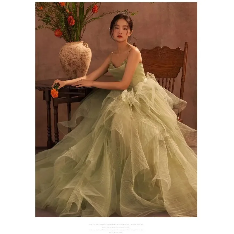 Green Wedding Dress Fashion 2025 New Sling Sleeveless Princess Fluffy Skirt Formal Dress Women Elegant Evening Party Dresses