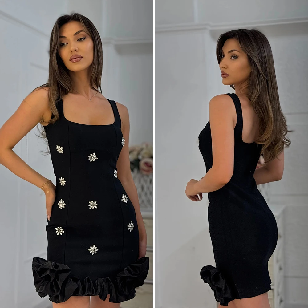 Minivestido Sexy Floral 3D ceñido con diamantes de imitación, sin mangas, sin espalda, con volantes, vestidos cortos de lujo, trajes de fiesta de noche y cumpleaños