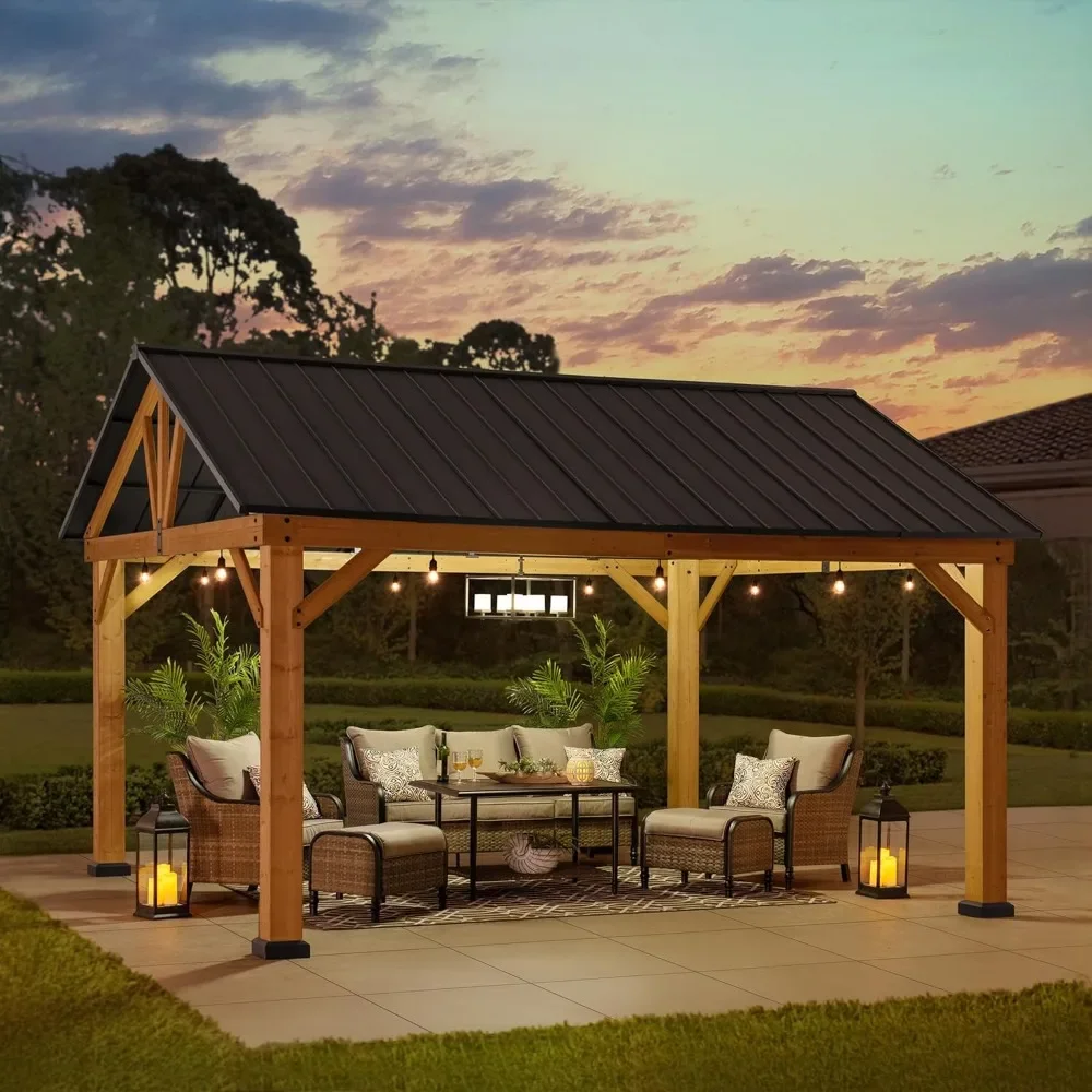 

Wood Gazebo 13 X 15 Ft. Outdoor Patio Premium Cedar Frame Gazebos with Matte Black Steel Gable Hardtop Roof for Garden, Backyard