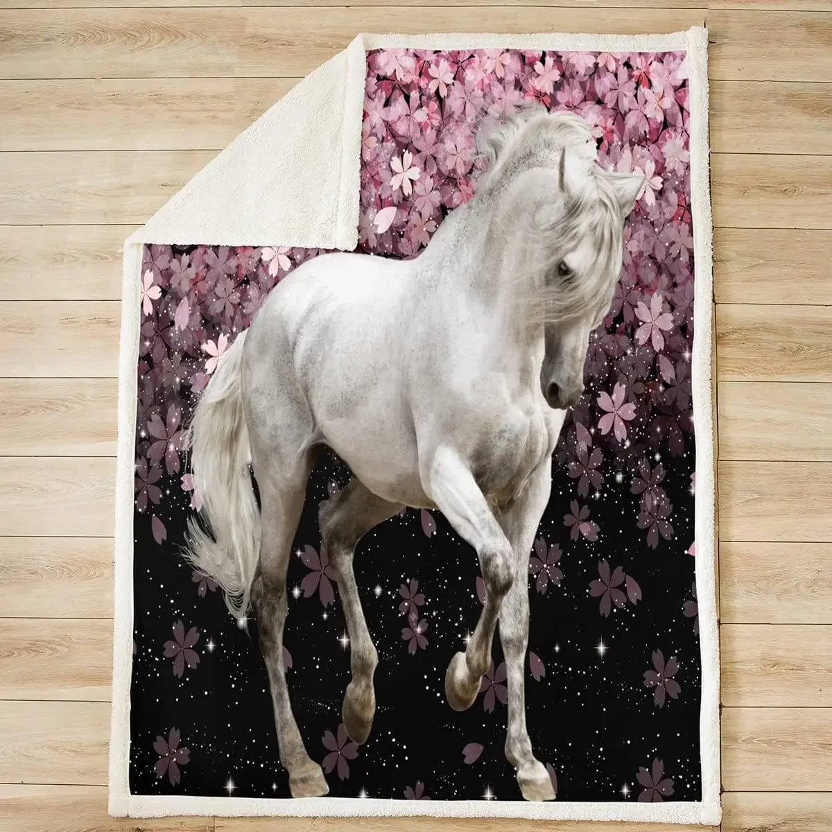 Horse Throw Blanket Galloping Horse Plush Blankets Cute Animal Decor Sherpa Blanket Cherry Blossom Fuzzy Blanket for