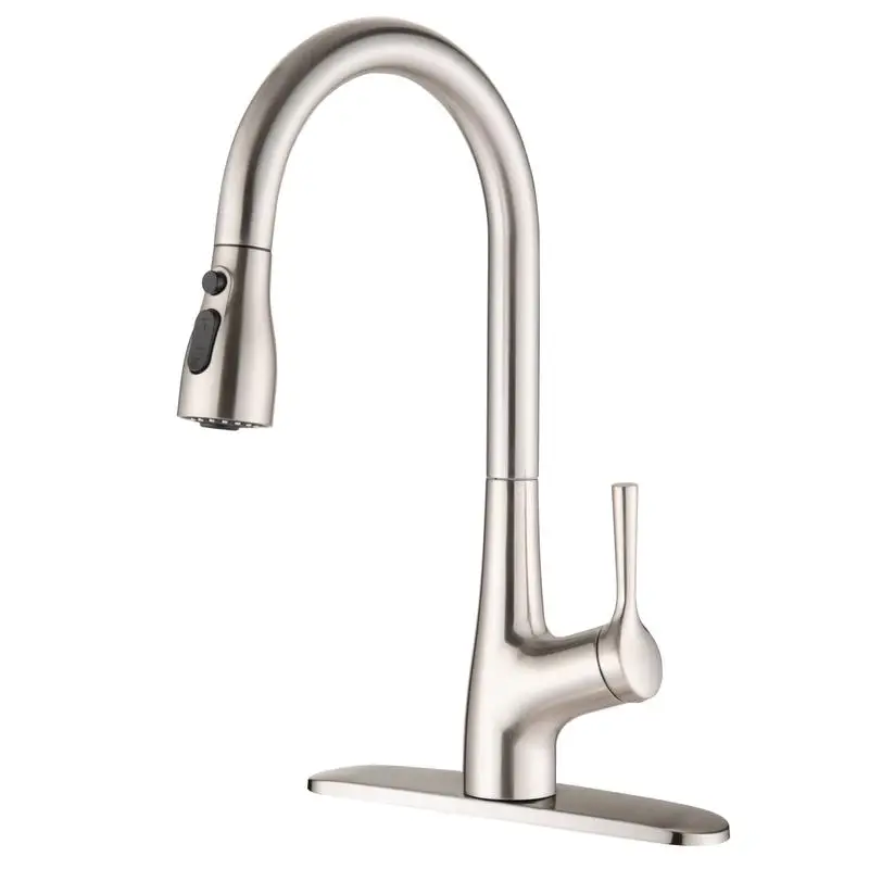 

Brushed Nickel Single Handle Pull Down Kitchen Faucet with Soothing Spray Function