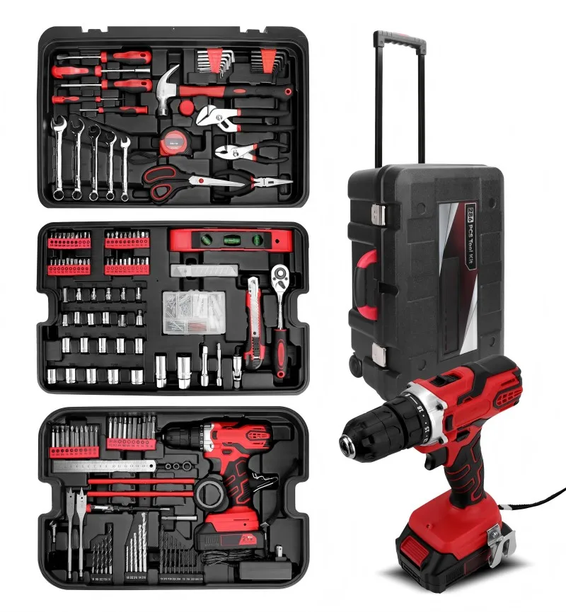 286 PCS Home Auto Repair Tool Set Kit with Rolling Tool Box Stainless Steel 21V Cordless Power Drill