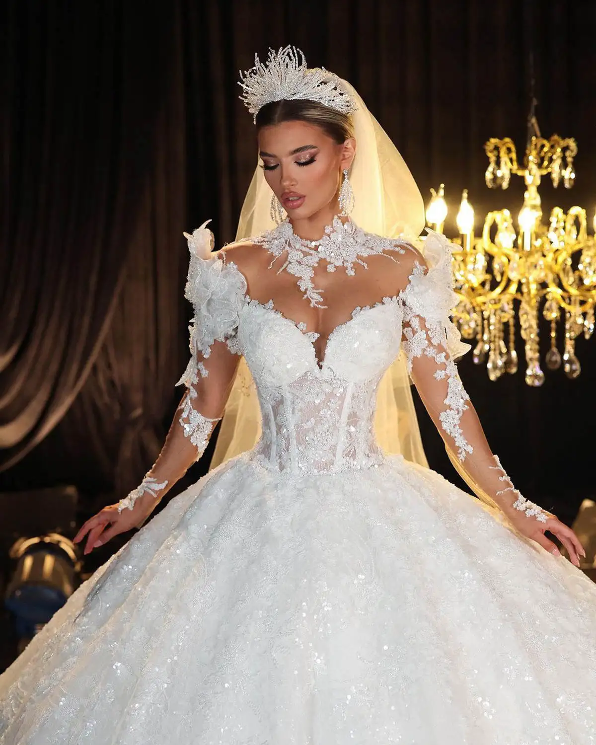 Graceful Wedding Dress Ball Gown High Collar Sequined Long Sleeve Floor-Length Princess Bride Vestido De Noiva Custom Made