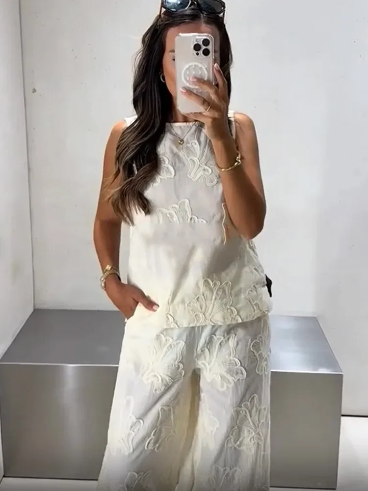 Conjuntos de pantalones de pierna ancha de Jacquard marrón para mujer, chaleco holgado informal sin mangas con cuello redondo, trajes para mujer, prendas de vestir exteriores de calle diarias 2025