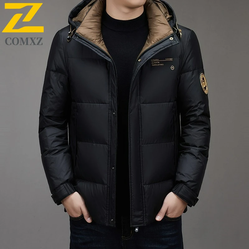 COMXZ Men Short Down Jacket Thicken Commute Office Lightweight Puffer Coat Fashion Detachable Hood Travel Windproof Winter Coats
