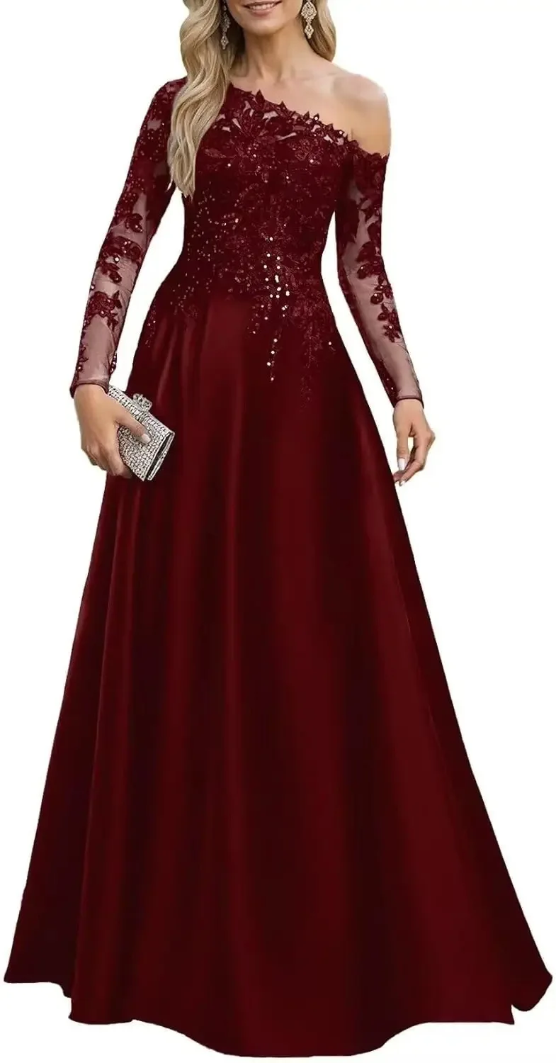 QMQNSHA Einschultriges Abendkleid mit asymmetrischem Ausschnitt 2026, feminines Spitzenkleid für Hochzeiten und Bankette, langer Stil – Detail 8