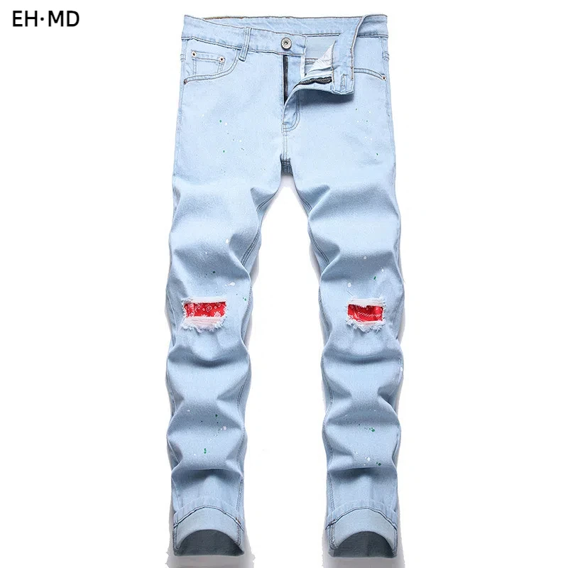 Embroidery Jeans Men Hole Splash Ink Soft Ventilation 3D Hollow Long Pants Hip Hop Soft Repair Tall Street Pure Cotton Red Ear 2