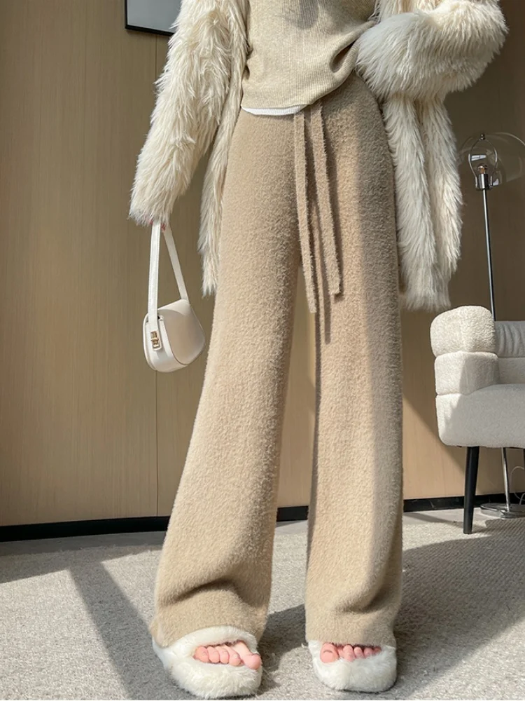 กางเกงขายาวขนมิงค์สำหรับผู้หญิง ฤดูใบไม้ร่วง ฤดูหนาว เอวสูง สไตล์ลำลอง เนื้อนุ่ม ทรงตรง ผ้าขนสัตว์ถัก