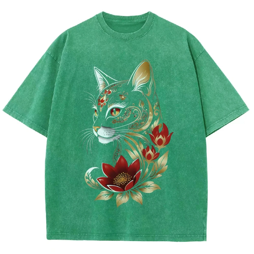 Koszulka Graficzna Ozdobny Kot Kwiatowy Złoty Nadruk Artystyczne Zwierzę Czysta Bawełna Codzienna Odzież Modny Boho Design Y2k Atmosfera Tee