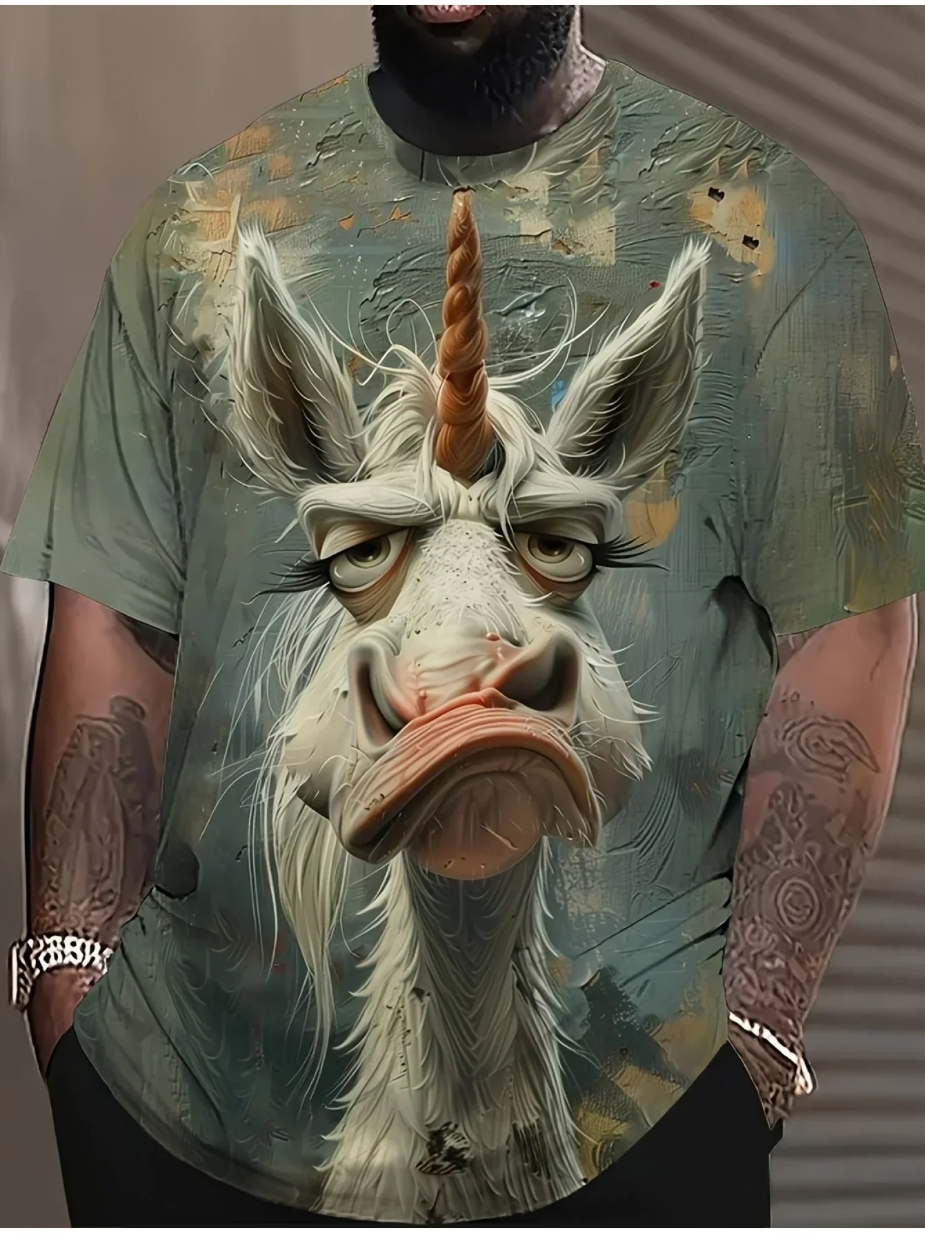 

Мужская большая высокая футболка с 3D рисунком единорога — мягкая эластичная рубашка из полиэстера и спандекса с выразительными глазами и ртом — повседневная уличная одежда