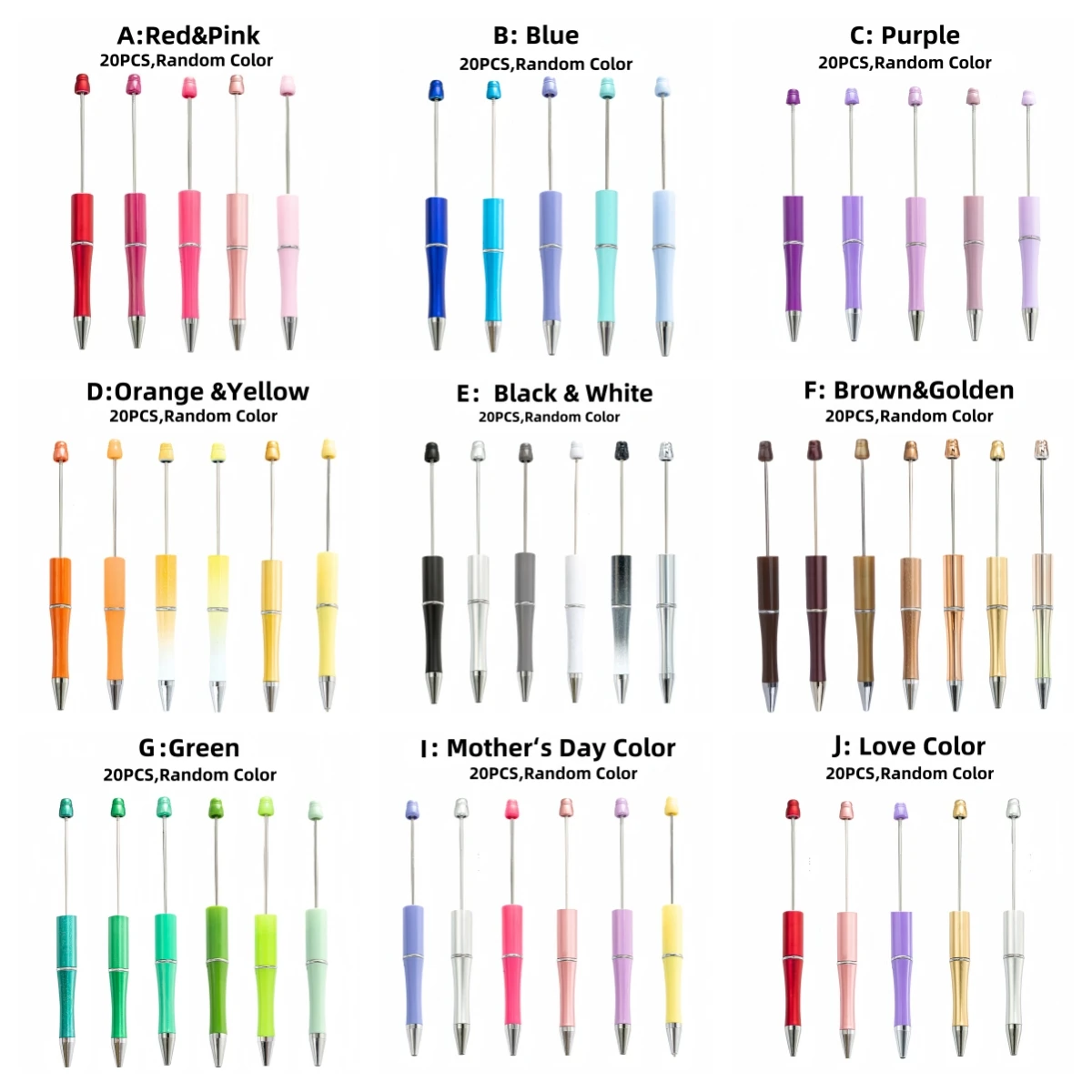 20PCS Designated Theme Color DIY Bead Ballpoint Pen Set, Suitable For DIY Office &School Supplies