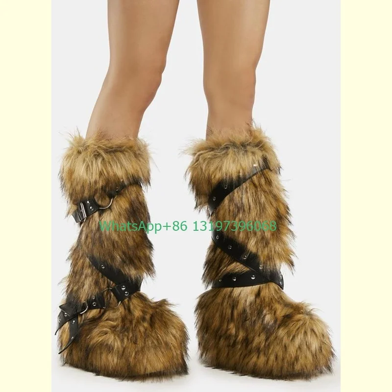 Lady Faux Fur Knee High Wedge Platform Boots Brown color feather  warm punk style Y2K dress knee boots lace-up shoes size 46