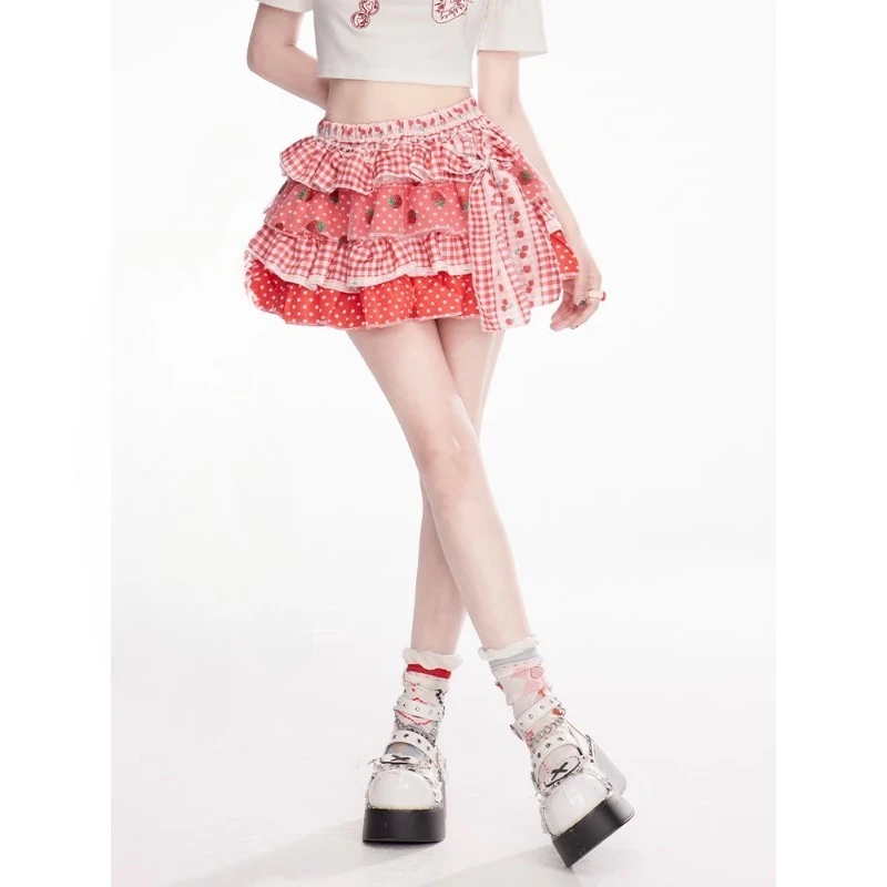 

Japanese Kawaii Lolita Style Y2k Mini Skirt Women Sweet Strawberry Print Ruffle Punk Cake Skirt Girl Cute Bow Skirt Faldas Mujer