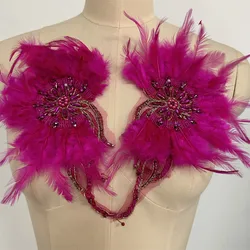 Artificial Feather beaded embroidery Appliques For Wedding Dresses Bridal Crystal Accessories DIY Craft Supplies